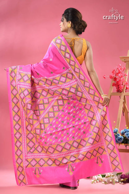 Steel pink elegant gujrati stitch silk sari pink cotton saree geometric embroidery 5