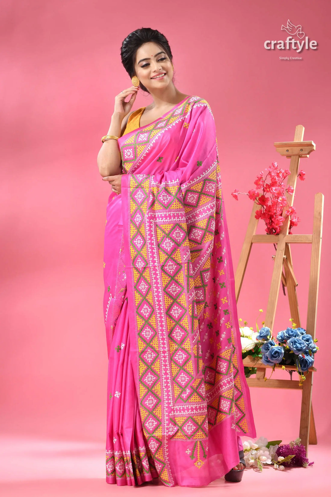 Steel pink elegant gujrati stitch silk sari vibrant pink saree intricate patterned 2
