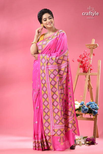 Steel pink elegant gujrati stitch silk sari vibrant pink saree intricate patterned 2