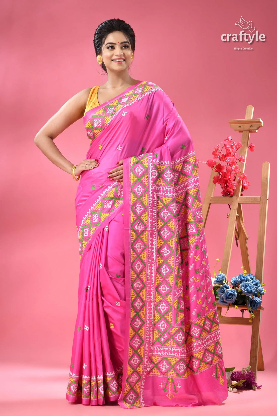 Steel pink elegant gujrati stitch silk sari woman vibrant pink saree intricate 1