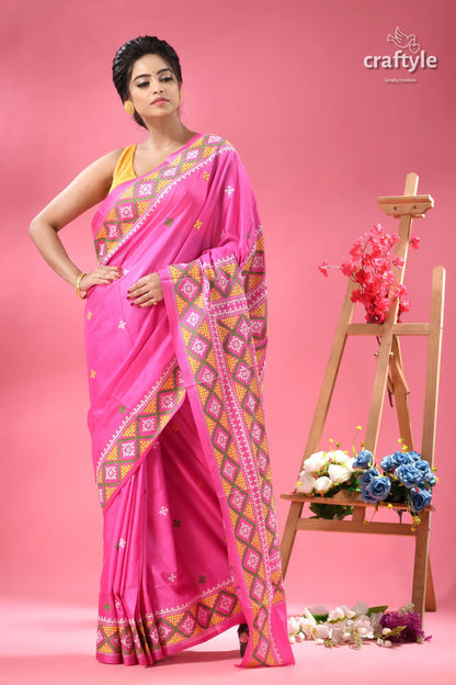 Steel pink elegant gujrati stitch silk sari woman vibrant pink traditional indian 4