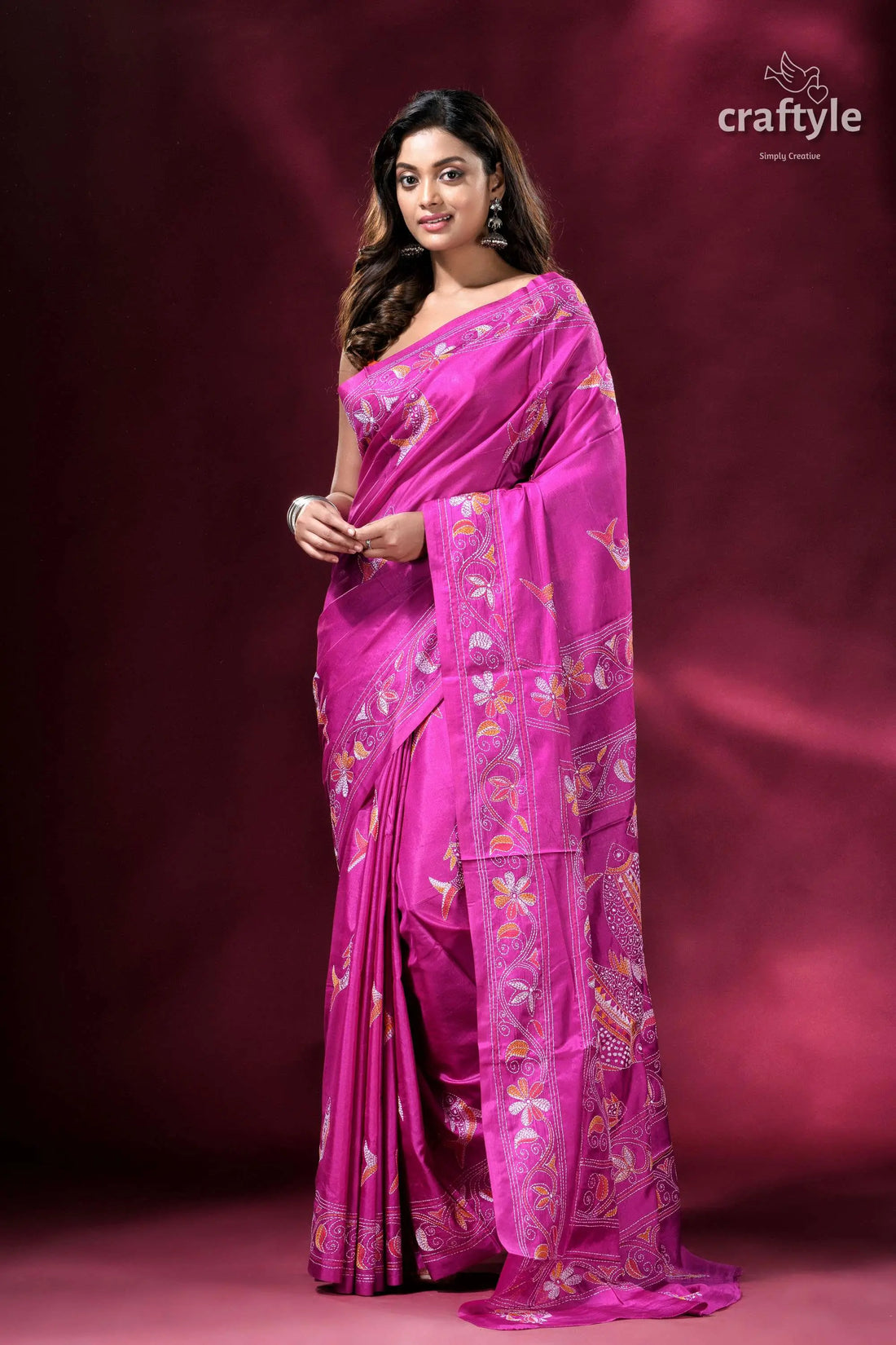 Steel pink fish motif silk kantha saree magenta embroidered saree 1