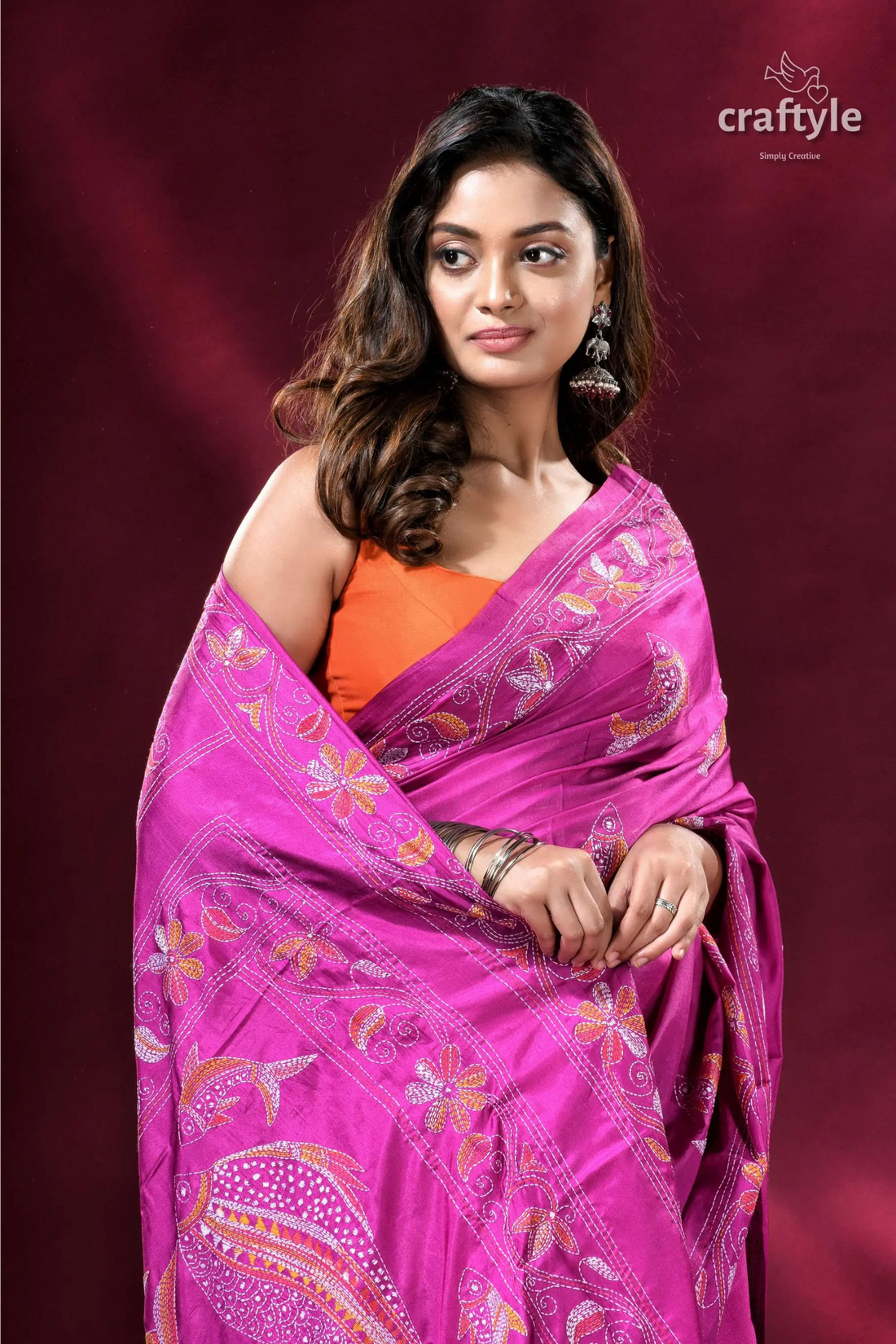 Steel pink fish motif silk kantha saree magenta saree embroidered floral patterns 2