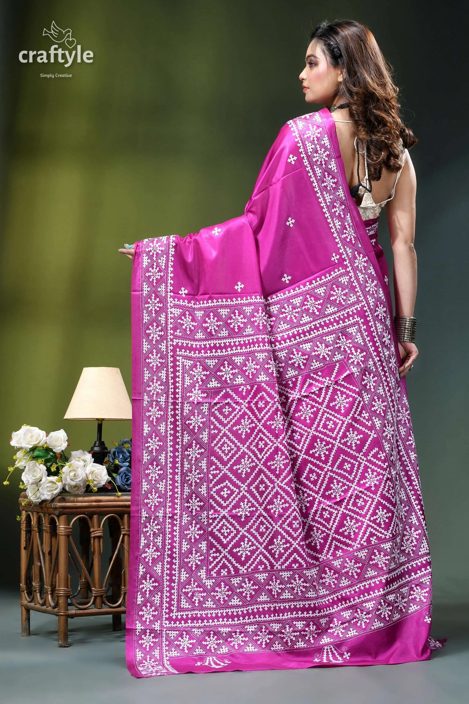 Steel pink white gujrati stitched elegant silk saree vibrant fuchsia silk saree intricate 5