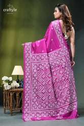 Steel pink white gujrati stitched elegant silk saree vibrant fuchsia silk saree intricate 5