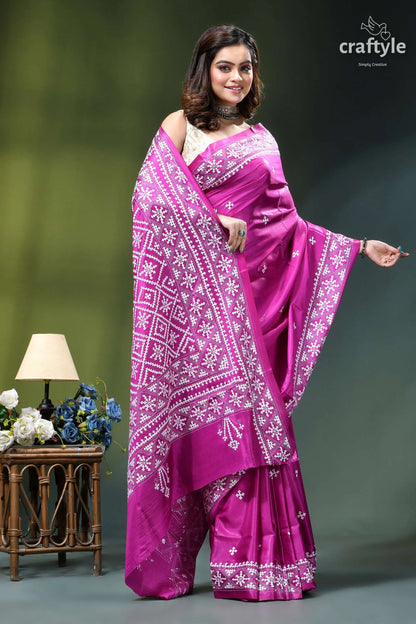 Steel pink white gujrati stitched elegant silk saree vibrant magenta saree intricate white 4