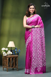 Steel pink white gujrati stitched elegant silk saree vibrant magenta silk saree intricate 1