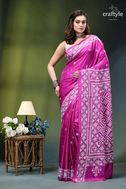 Steel pink white gujrati stitched elegant silk saree vibrant magenta silk saree adorned 6