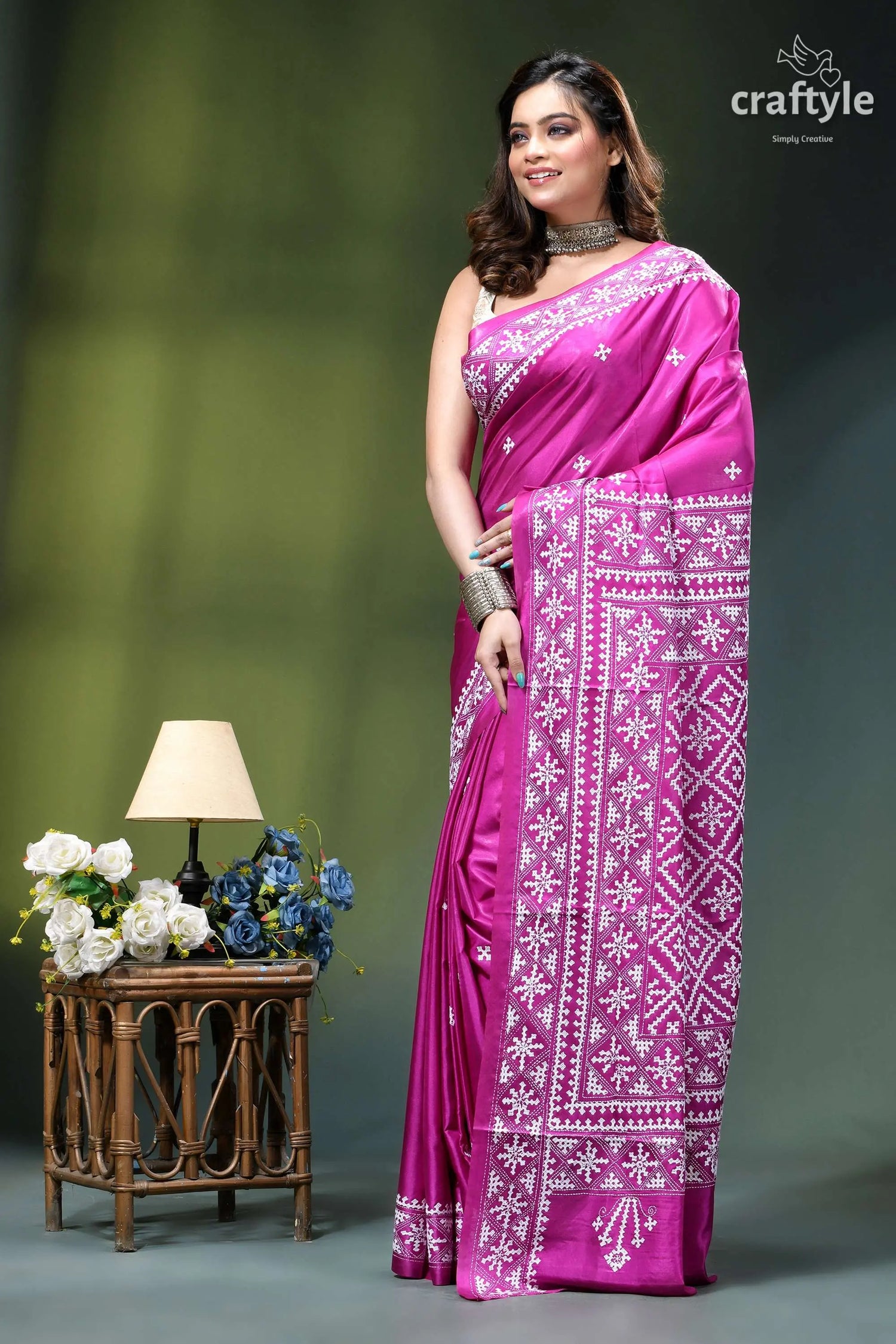 Steel pink white gujrati stitched elegant silk saree vibrant magenta saree intricate white 3