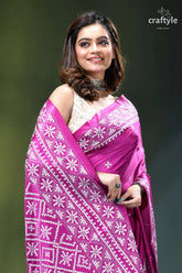 Steel pink white gujrati stitched elegant silk saree vibrant magenta saree intricate white 2