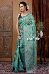 Steel Teal Blue Bengal Handloom Jamdani Cotton Saree - Craftyle