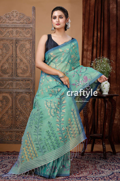 Steel Teal Blue Bengal Handloom Jamdani Cotton Saree - Craftyle