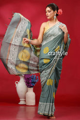 Steel teal modal silk saree - stylish choice for party wear gray saree yellow white patterns 4