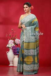 Steel teal modal silk saree - stylish choice for party wear woman gray yellow patterned saree 3