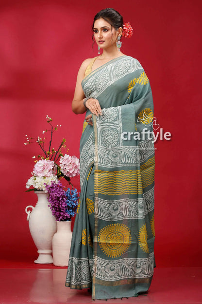 Steel teal modal silk saree - stylish choice for party wear woman gray yellow patterned saree 3