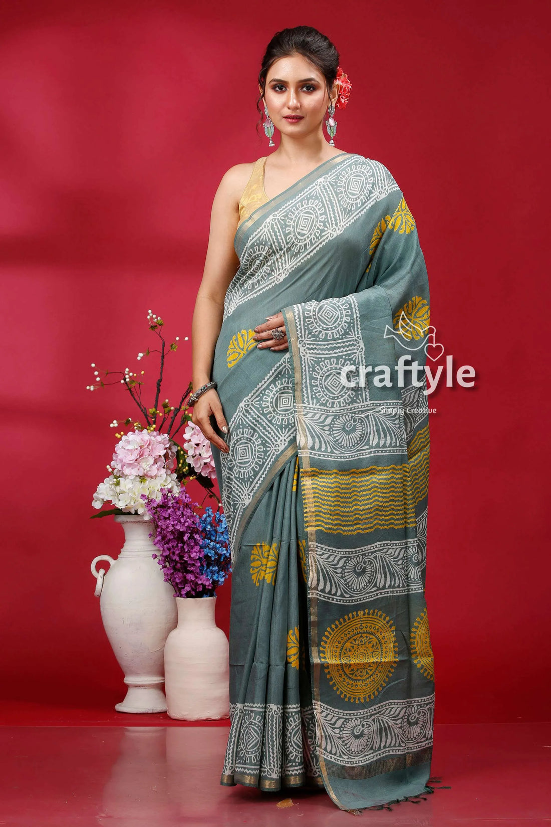 Steel teal modal silk saree - stylish choice for party wear woman patterned 1