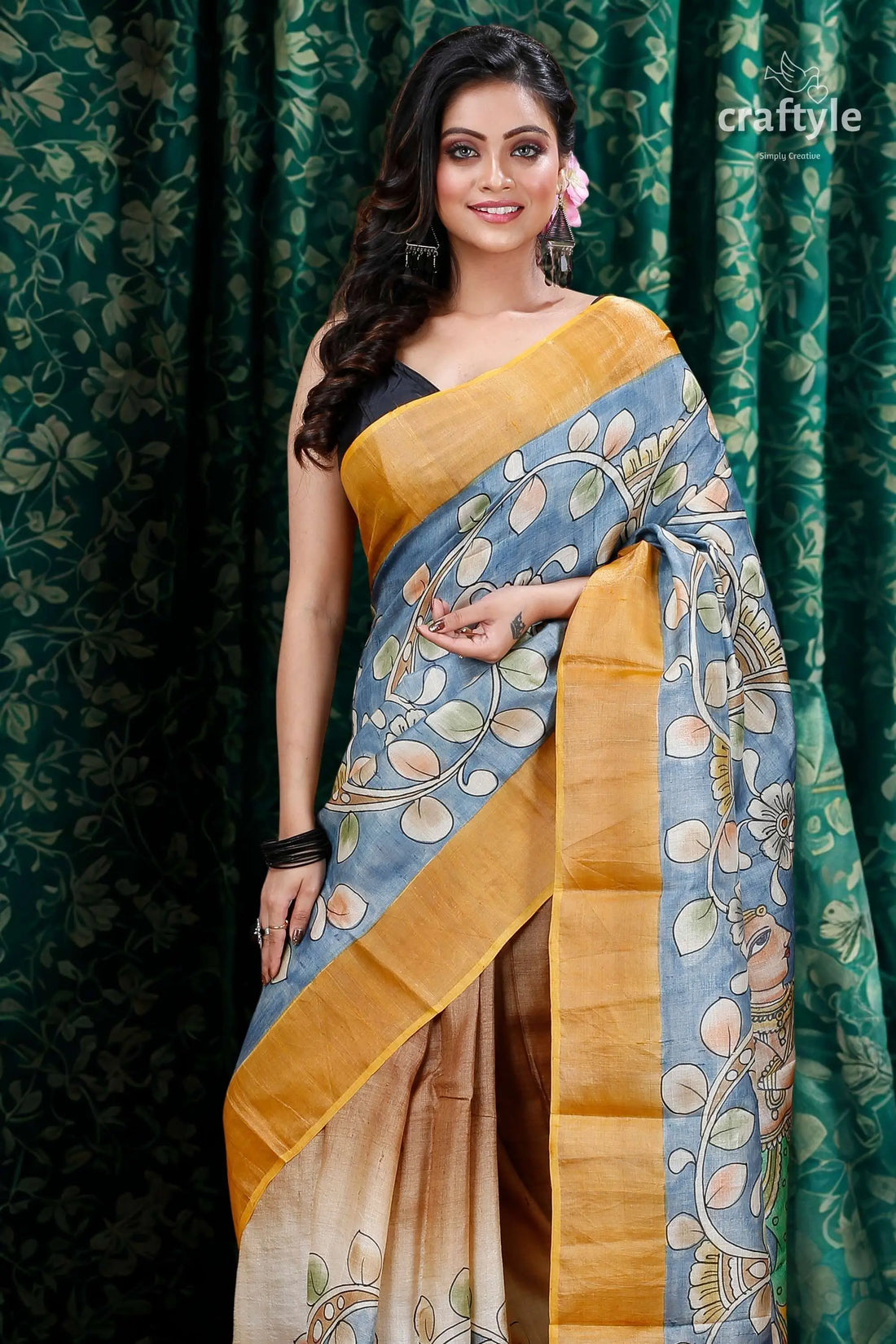 Stone blue handcrafted zari border pure tussar kalamkari sari woman blue gold saree 2