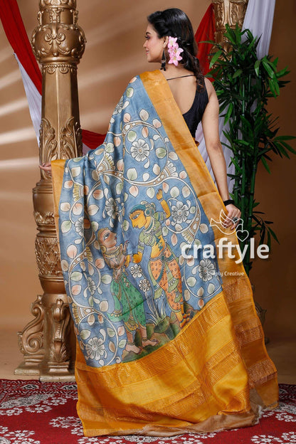 Stone Blue Handcrafted Zari Border Pure Tussar Kalamkari Sari - Craftyle