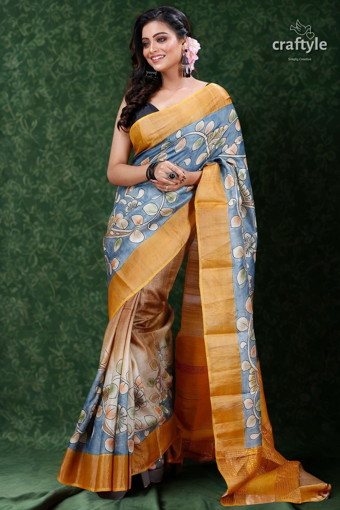 Stone Blue Handcrafted Zari Border Pure Tussar Kalamkari Sari-Craftyle