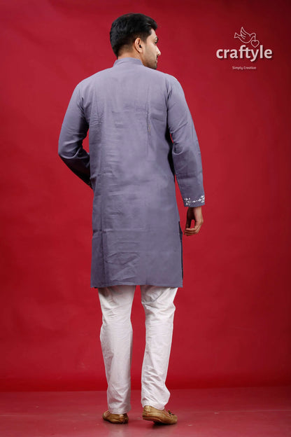 Storm grey lotus motif kantha work cotton kurta for men man gray long-sleeved subtle 5