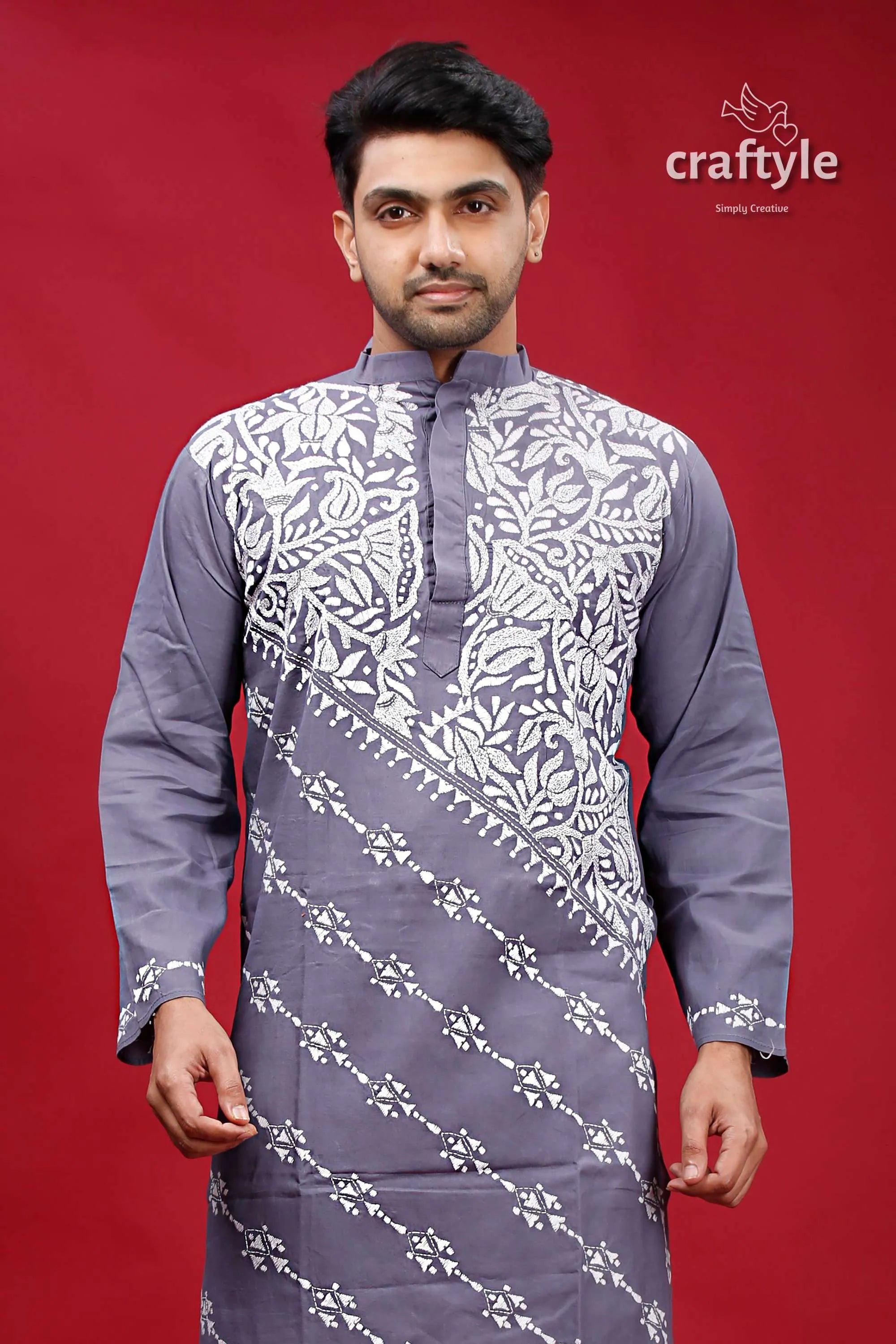 Storm grey lotus motif kantha work cotton kurta for men gray intricate white embroidery 2