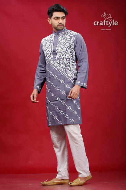 Storm grey lotus motif kantha work cotton kurta for men man intricate white 3