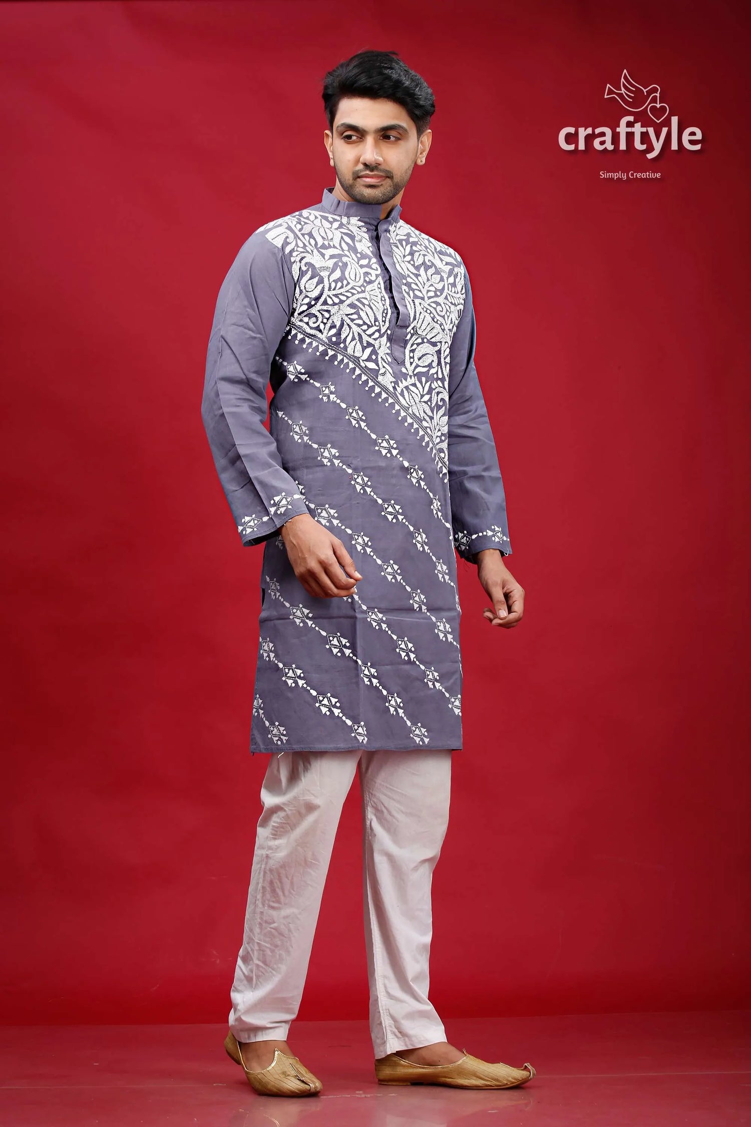 Storm grey lotus motif kantha work cotton kurta for men man intricate white 4
