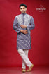 Storm grey lotus motif kantha work cotton kurta for men gray intricate white embroidery 1