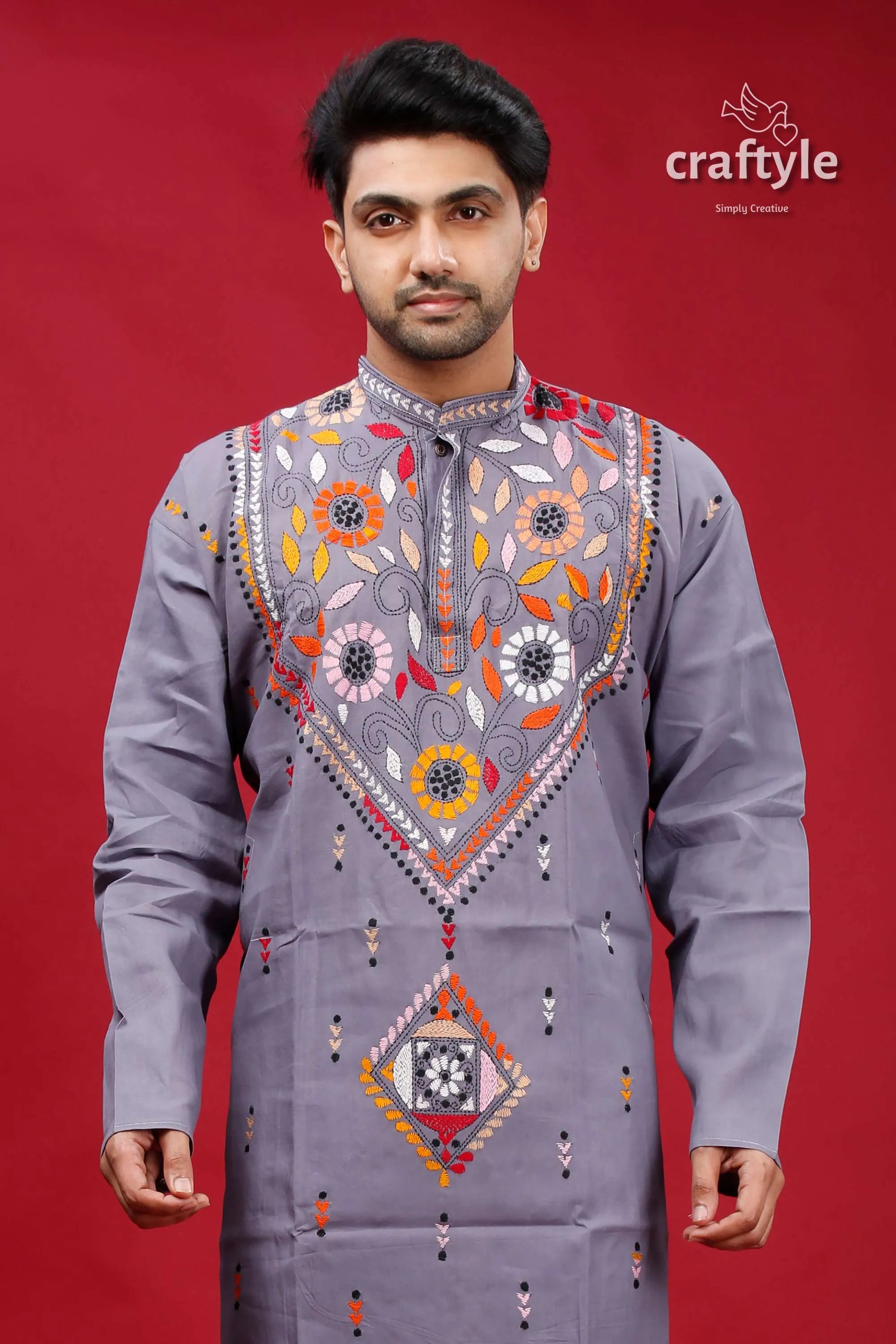 Storm grey multicolor kantha designer cotton panjabi for men 2