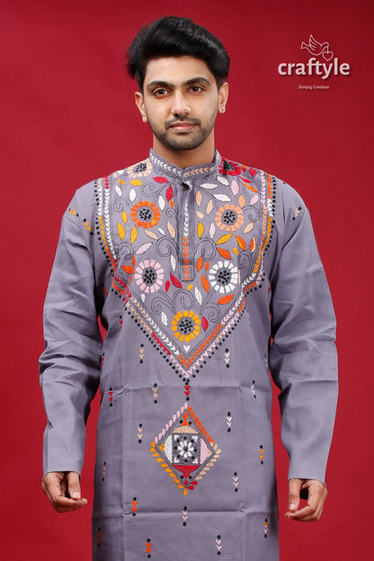 Storm grey multicolor kantha designer cotton panjabi for men 2