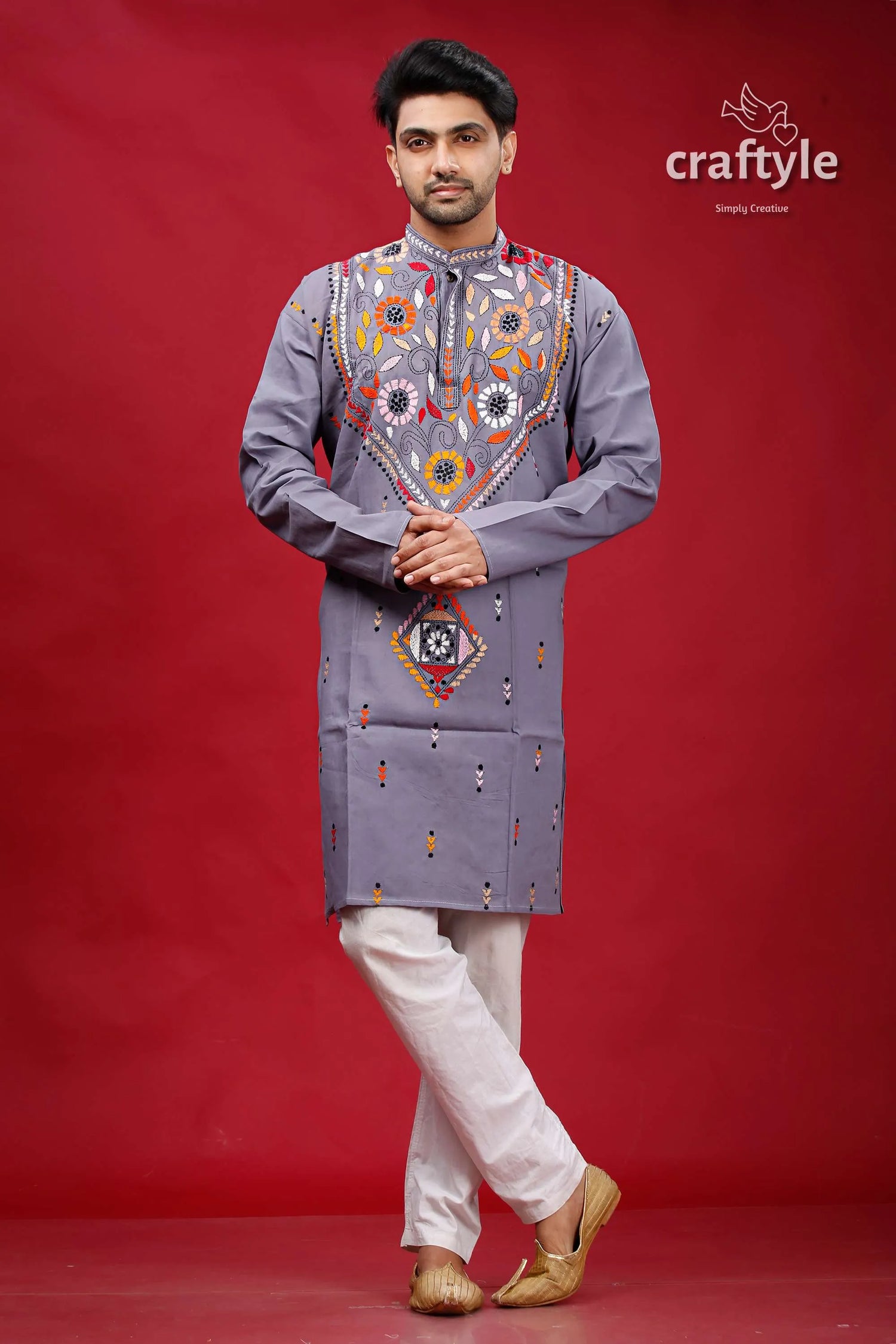 Storm grey multicolor kantha designer cotton panjabi for men 1
