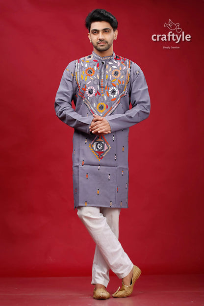Storm grey multicolor kantha designer cotton panjabi for men 1