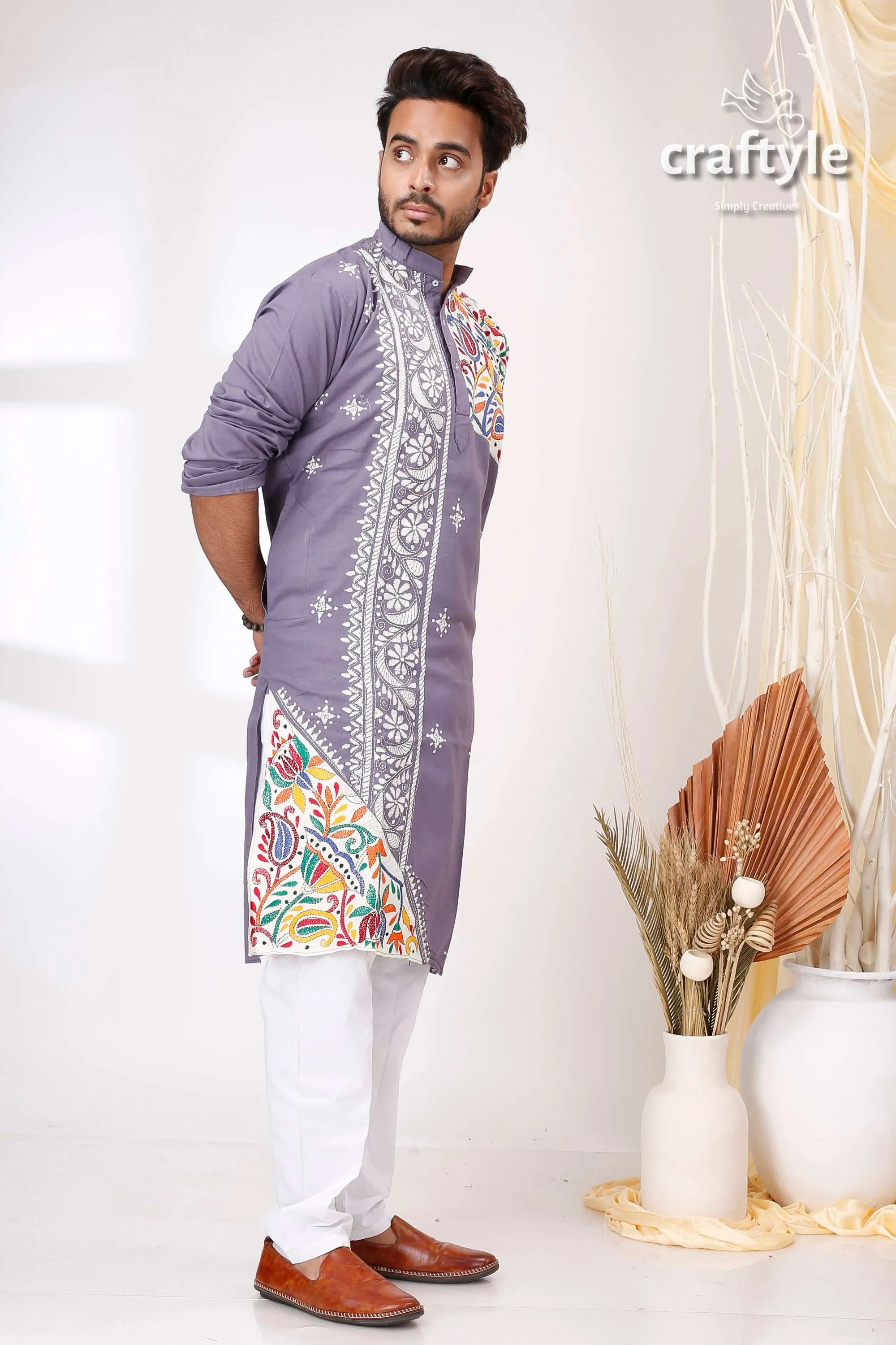 Storm grey multithread work kantha men’s cotton ethnic punjabi man lavender-colored traditional kurta intricate 3