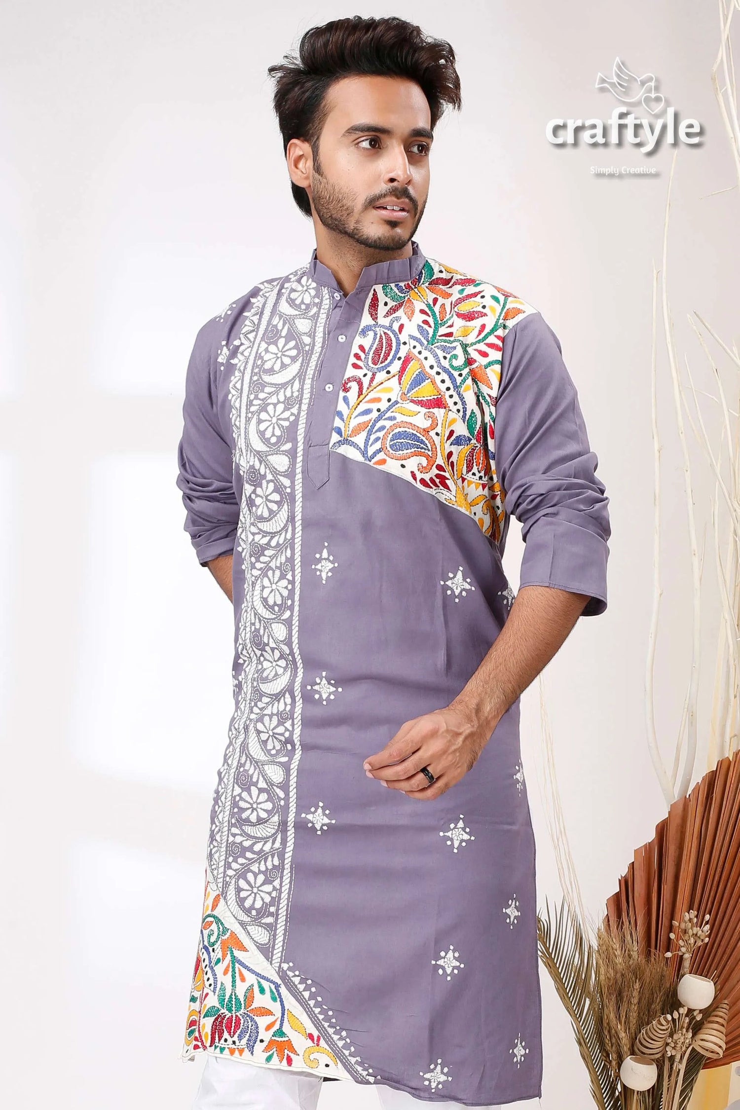 Storm grey multithread work kantha men’s cotton ethnic punjabi purple embroidered kurta colorful floral 2