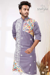 Storm grey multithread work kantha men’s cotton ethnic punjabi purple embroidered kurta colorful floral 2