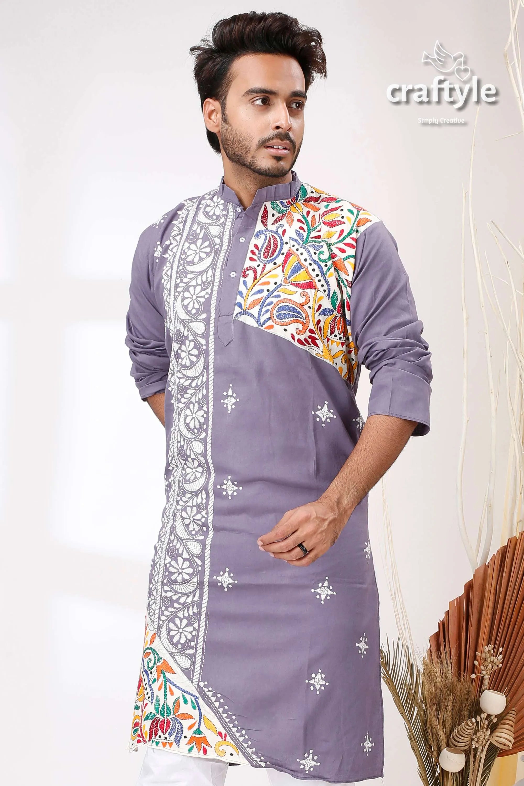 Storm grey multithread work kantha men’s cotton ethnic punjabi purple embroidered kurta colorful floral 2