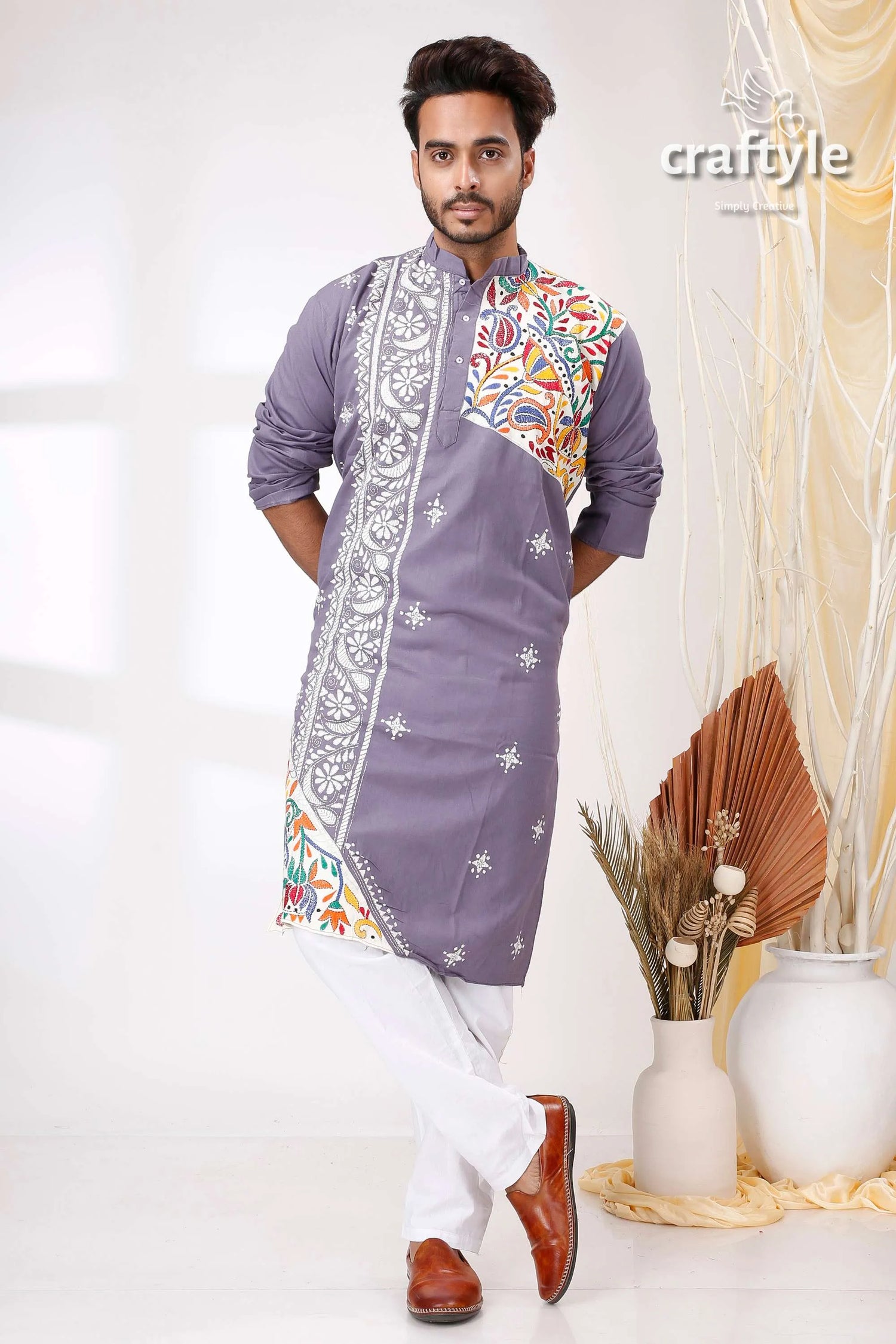 Storm grey multithread work kantha men’s cotton ethnic punjabi man purple kurta intricate white 4