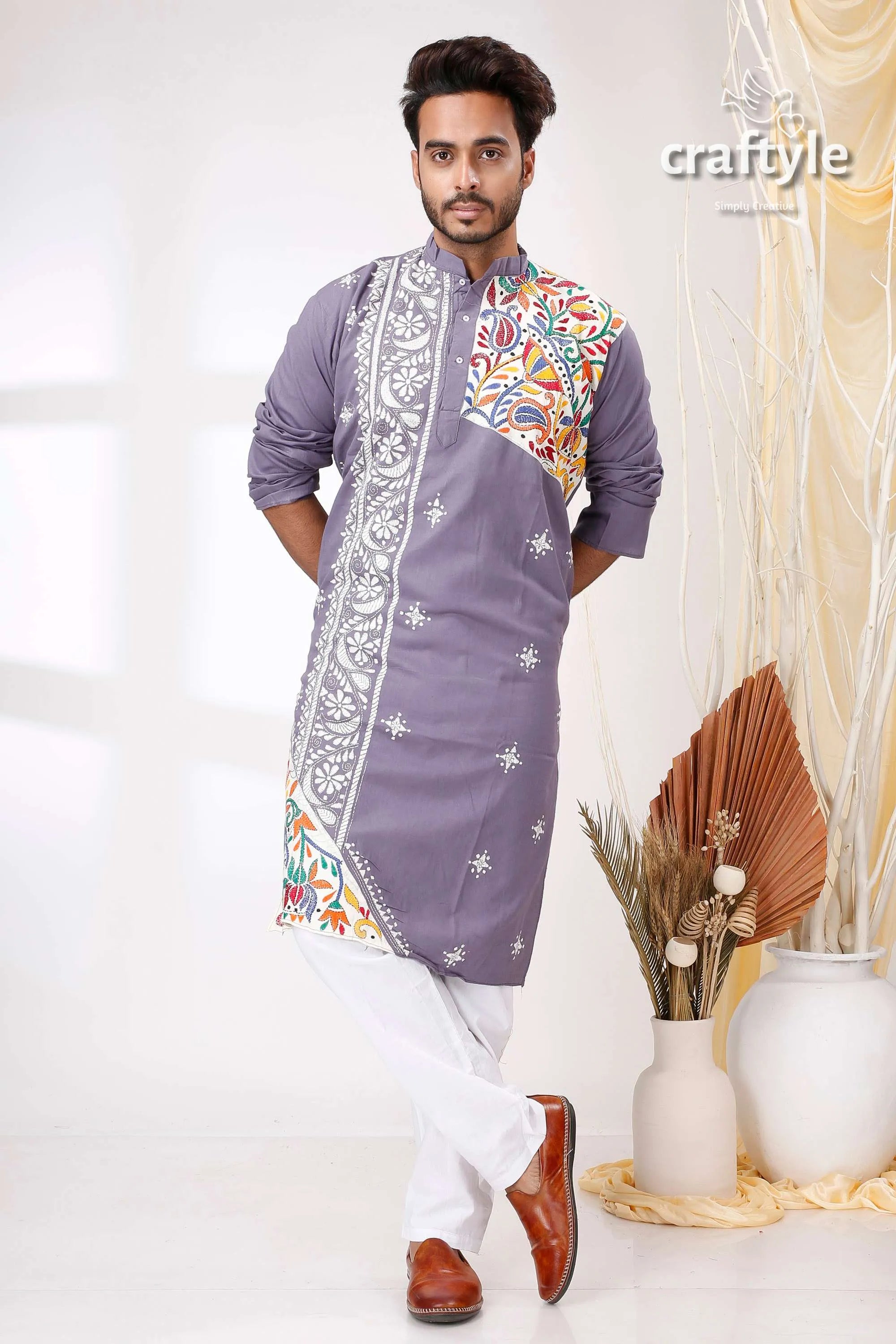 Storm grey multithread work kantha men’s cotton ethnic punjabi man purple kurta intricate white 4