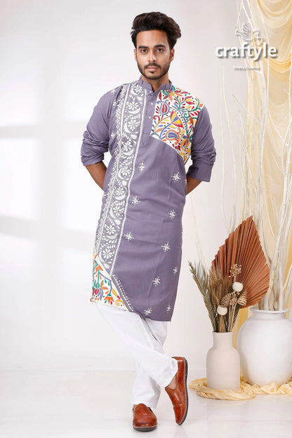 Storm grey multithread work kantha men’s cotton ethnic punjabi man purple kurta intricate white 4