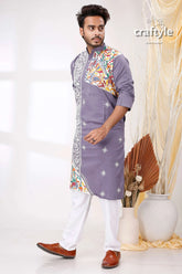 Storm grey multithread work kantha men’s cotton ethnic punjabi man lavender-colored kurta intricate colorful 1