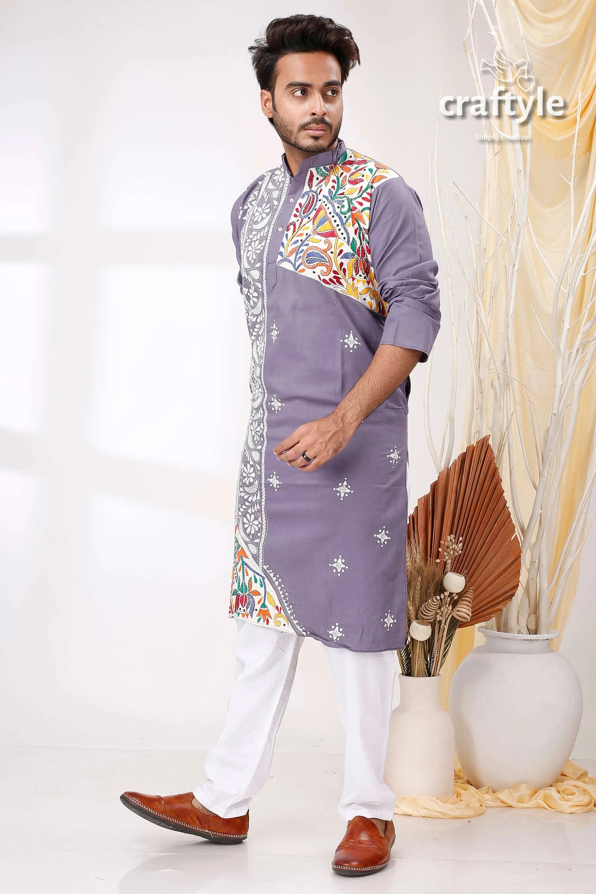 Storm grey multithread work kantha men’s cotton ethnic punjabi man lavender-colored kurta intricate colorful 1