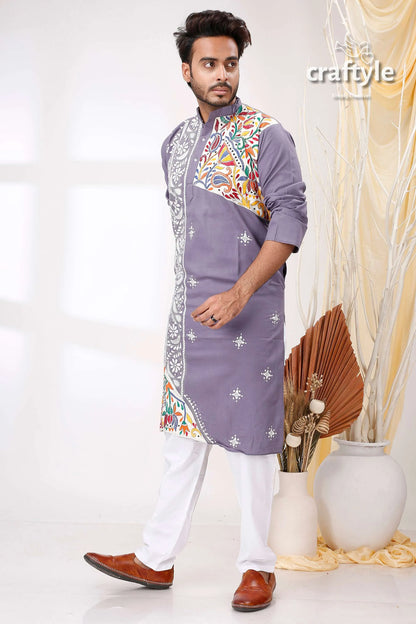 Storm grey multithread work kantha men’s cotton ethnic punjabi man lavender-colored kurta intricate colorful 1