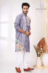 Storm grey white lotus design kantha cotton kurta panjabi for men man lavender-colored intricate colorful 4