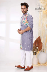 Storm grey white lotus design kantha cotton kurta panjabi for men man lavender-colored long-sleeved intricate 3