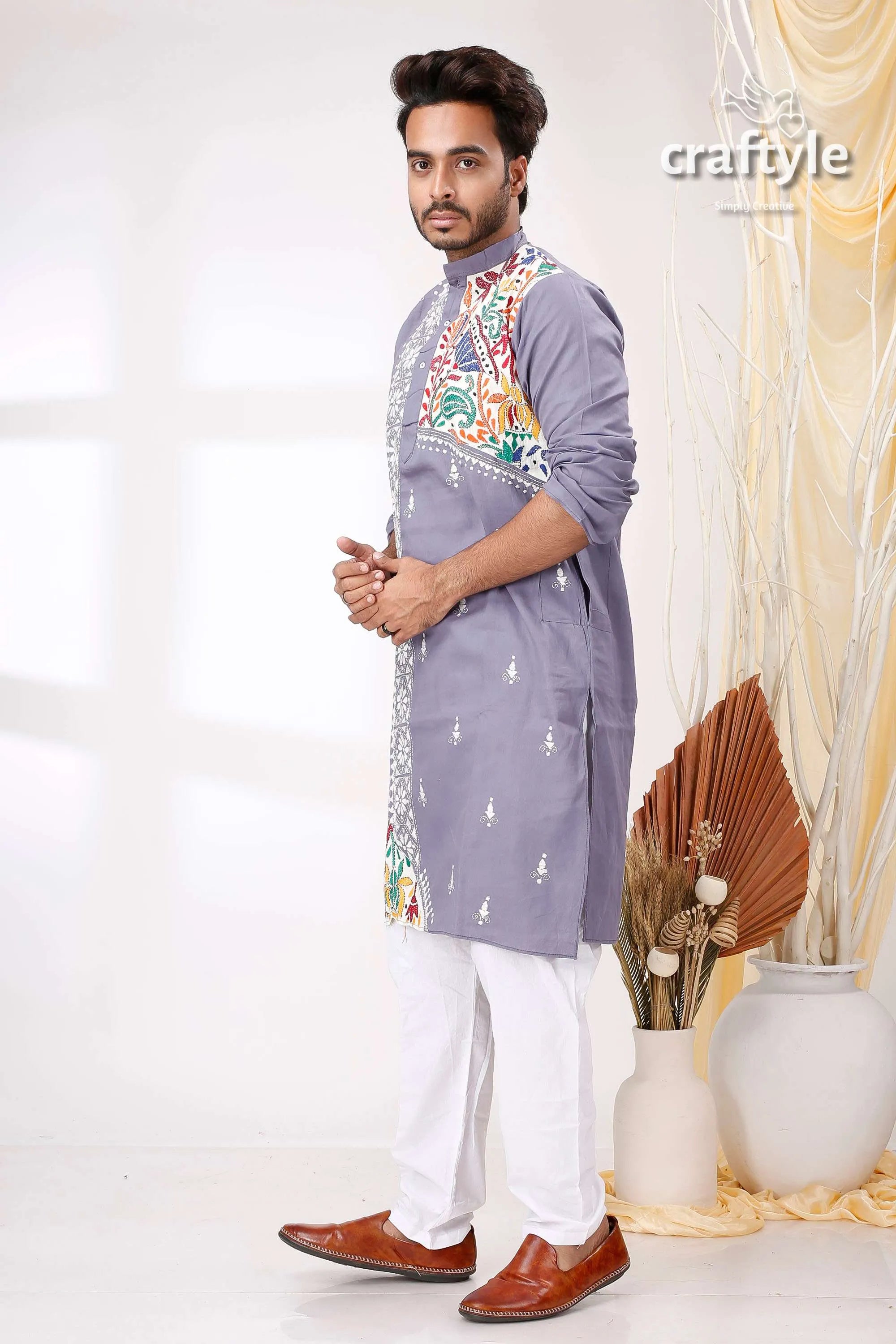 Storm grey white lotus design kantha cotton kurta panjabi for men man lavender-colored long-sleeved intricate 3