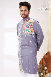 Storm grey white lotus design kantha cotton kurta panjabi for men man intricate colorful 2