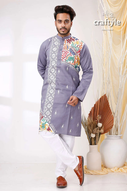 Storm grey white lotus design kantha cotton kurta panjabi for men man lavender-colored intricate colorful 1