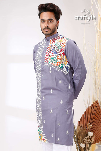 Storm Grey White Lotus Design Kantha Cotton Kurta Panjabi for Men - Craftyle