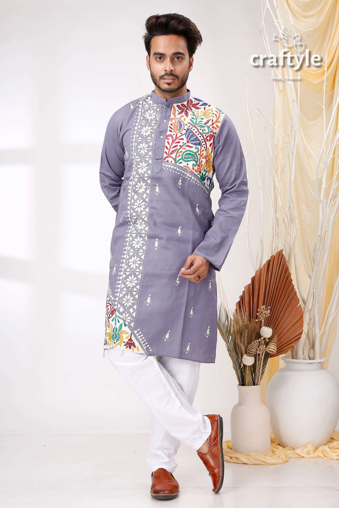 Storm Grey White Lotus Design Kantha Cotton Kurta Panjabi for Men - Craftyle