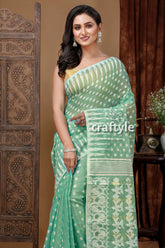 Stunning Aquamarine Green Jamdani Saree with White Weave - Craftyle